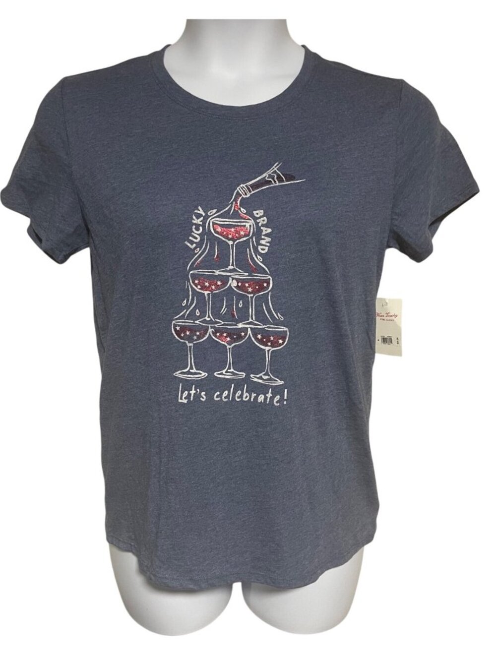Lucky Brand Lets Celebrate Graphic Tee Blue Short Sleeve Womens Medium